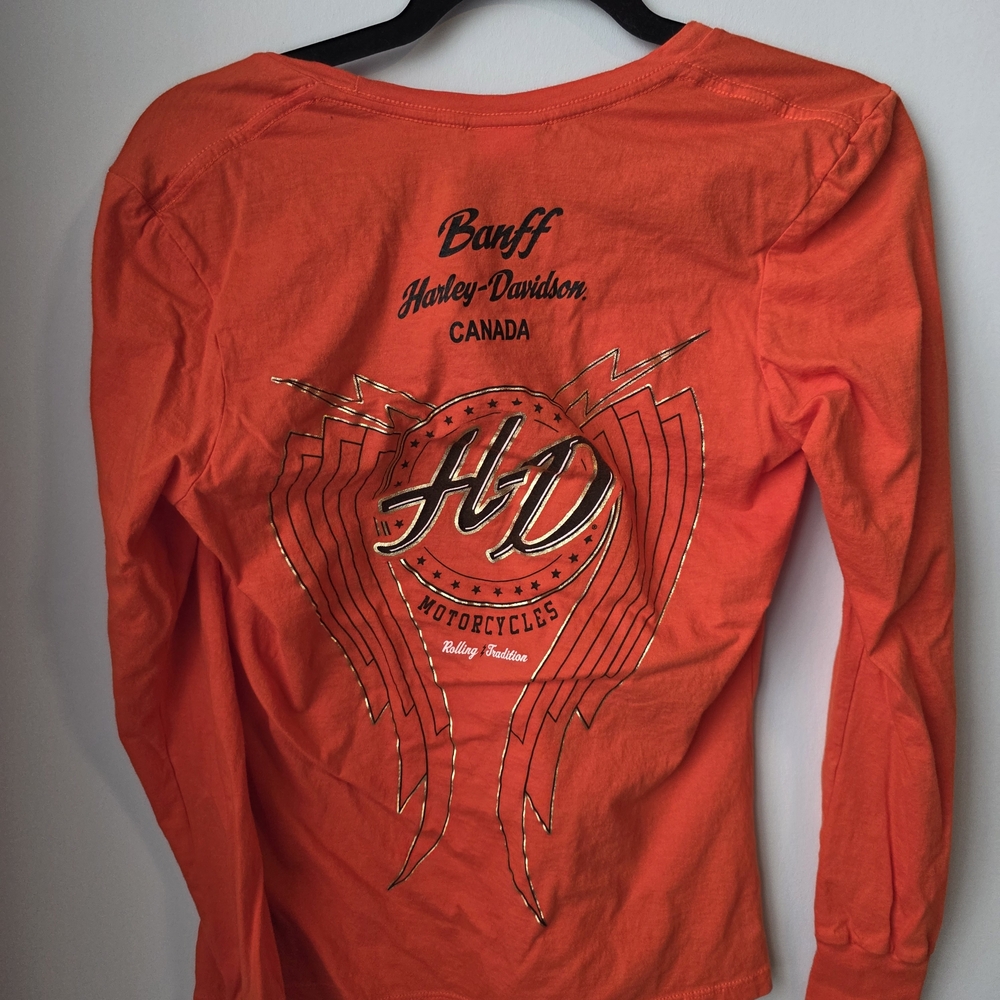 Harley-Davidson Orange Long Sleeve Graphic Shirt Size Medium Banff Canada - Picture 5 of 11
